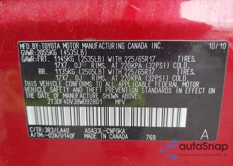 2011 Toyota Rav4 Limited from USA, damaged, VIN 2T3DF4DV3BW092801